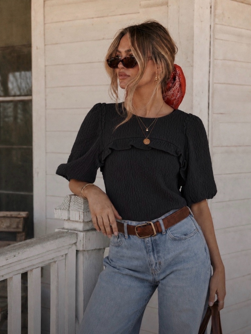 Zara black crinkle puff sleeve crop top